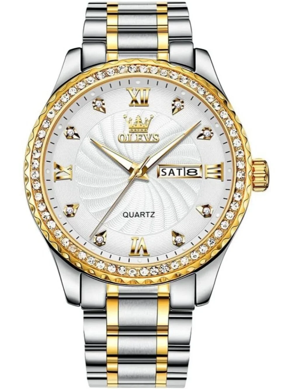 Mens Silver Stainless Steel Analog Quartz Classic Waterproof White Diamond Watch